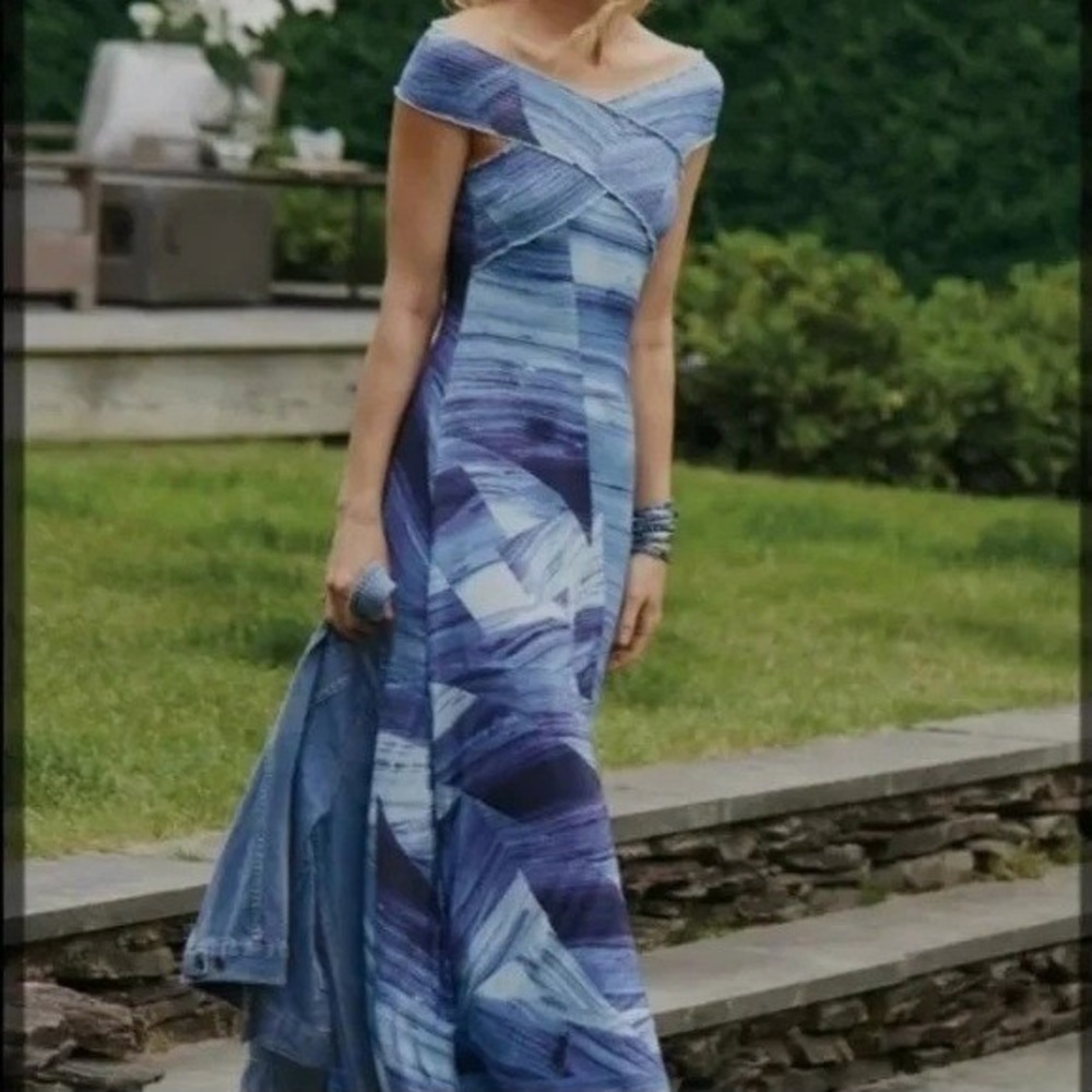 Soft Surroundings Delphinium Blue Purple Abstract Print‎ Smocked Maxi Dress Sz M